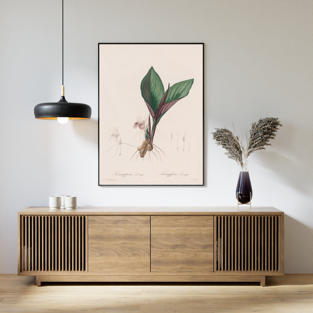 Framed art print of Les Liliacées: Kaempferia Longa by Pierre-Joseph Redouté, above a slatted wood sideboard