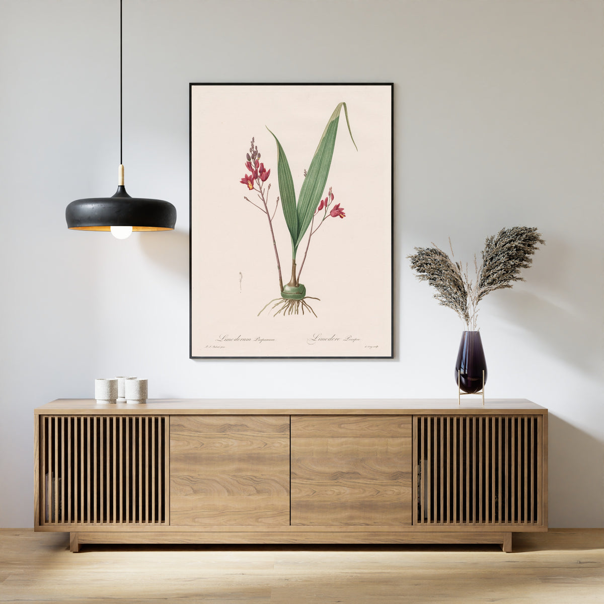 Framed art print of Les Liliacées: Limodorum Purpureum by Pierre-Joseph Redouté, above a slatted wood sideboard