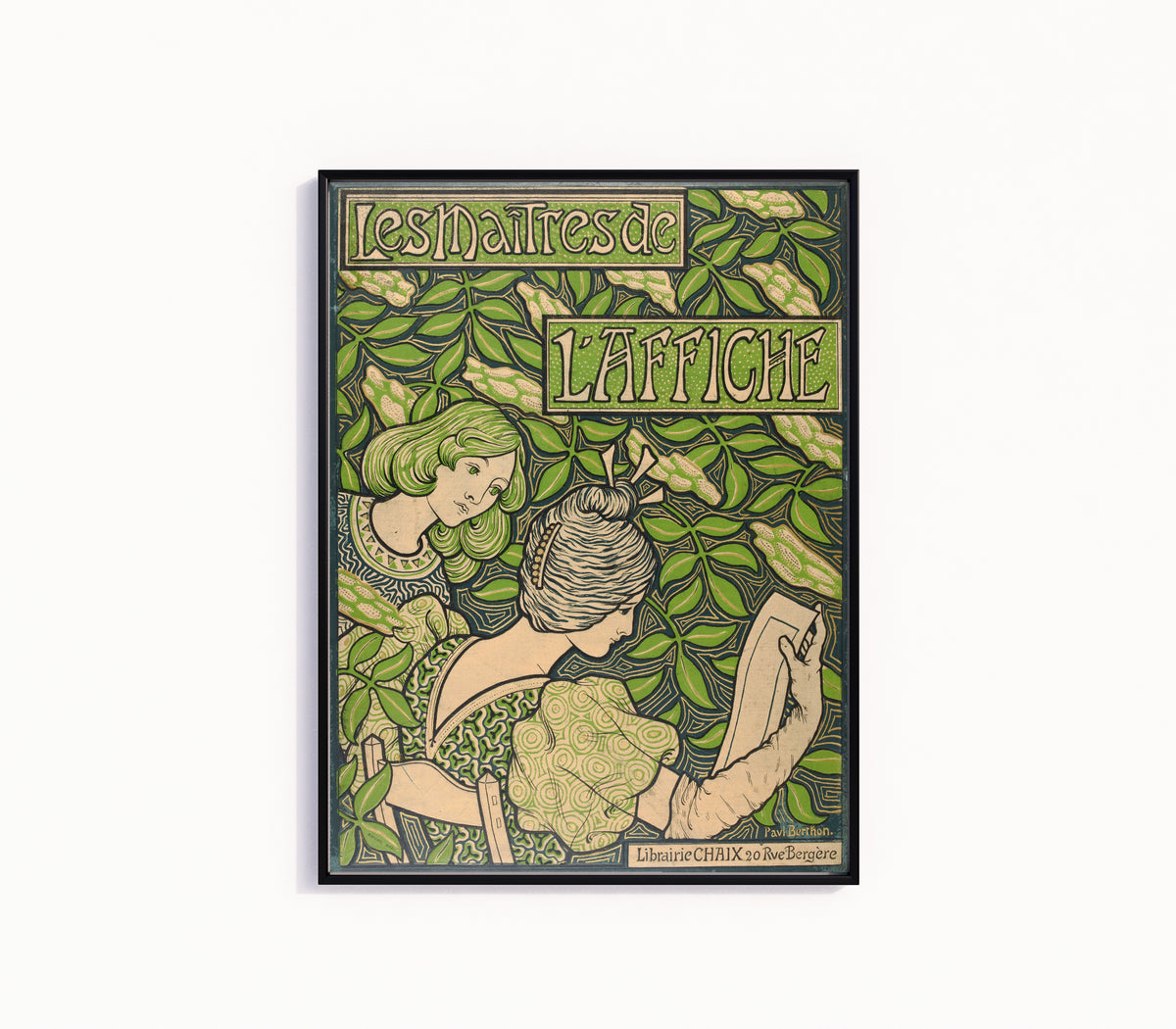 Framed art print of Les Maîtres de l'Affiche (cover) by Paul Berthon, in a slim black frame on a plain white wall