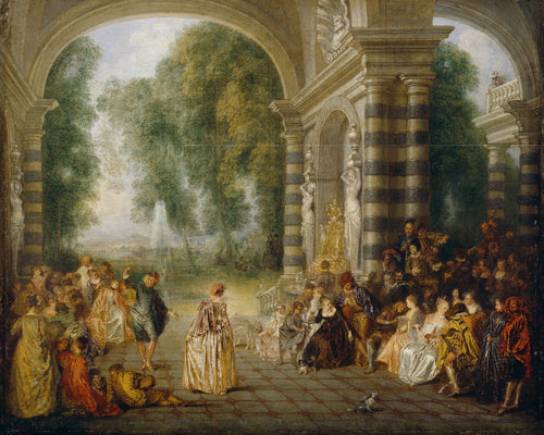 Les Plaisirs du Bal by Jean-Antoine Watteau — Courtiers dance and listen to musicians beneath a great stone arch