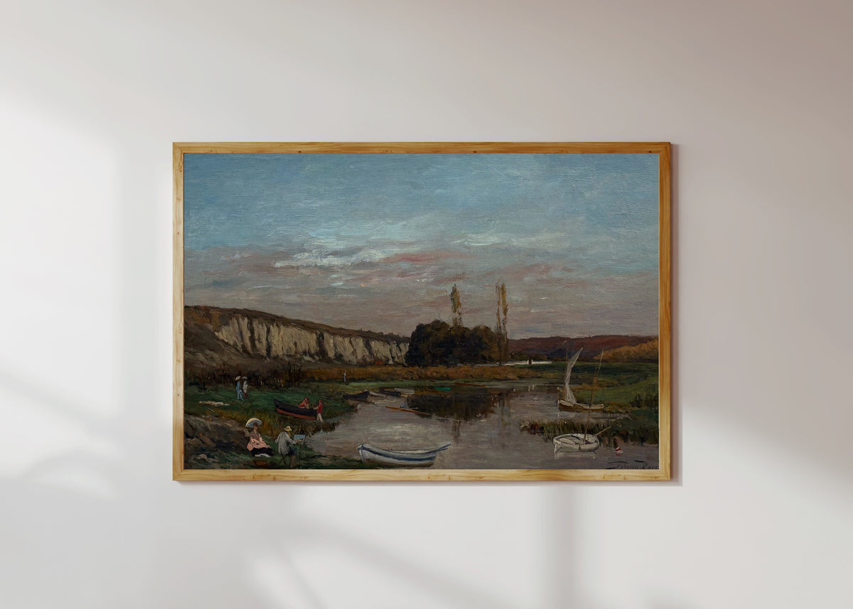 Framed art print of Les Rochers des Grands Malades by Félicien Rops, in a light wood frame on a sunlit white wall
