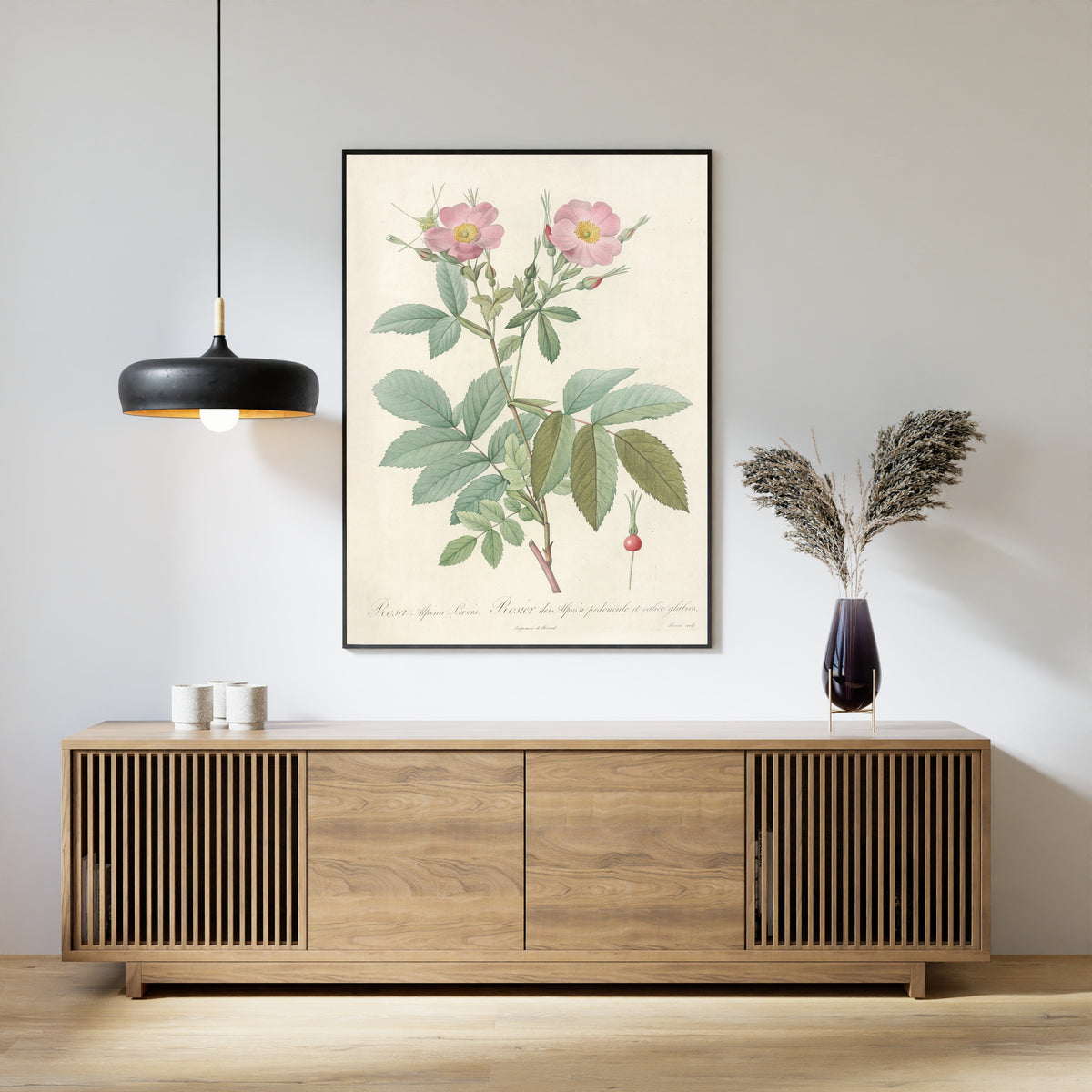 Framed art print of Les Roses: Rosa Alpina Laevis by Pierre-Joseph Redouté, above a slatted wood sideboard