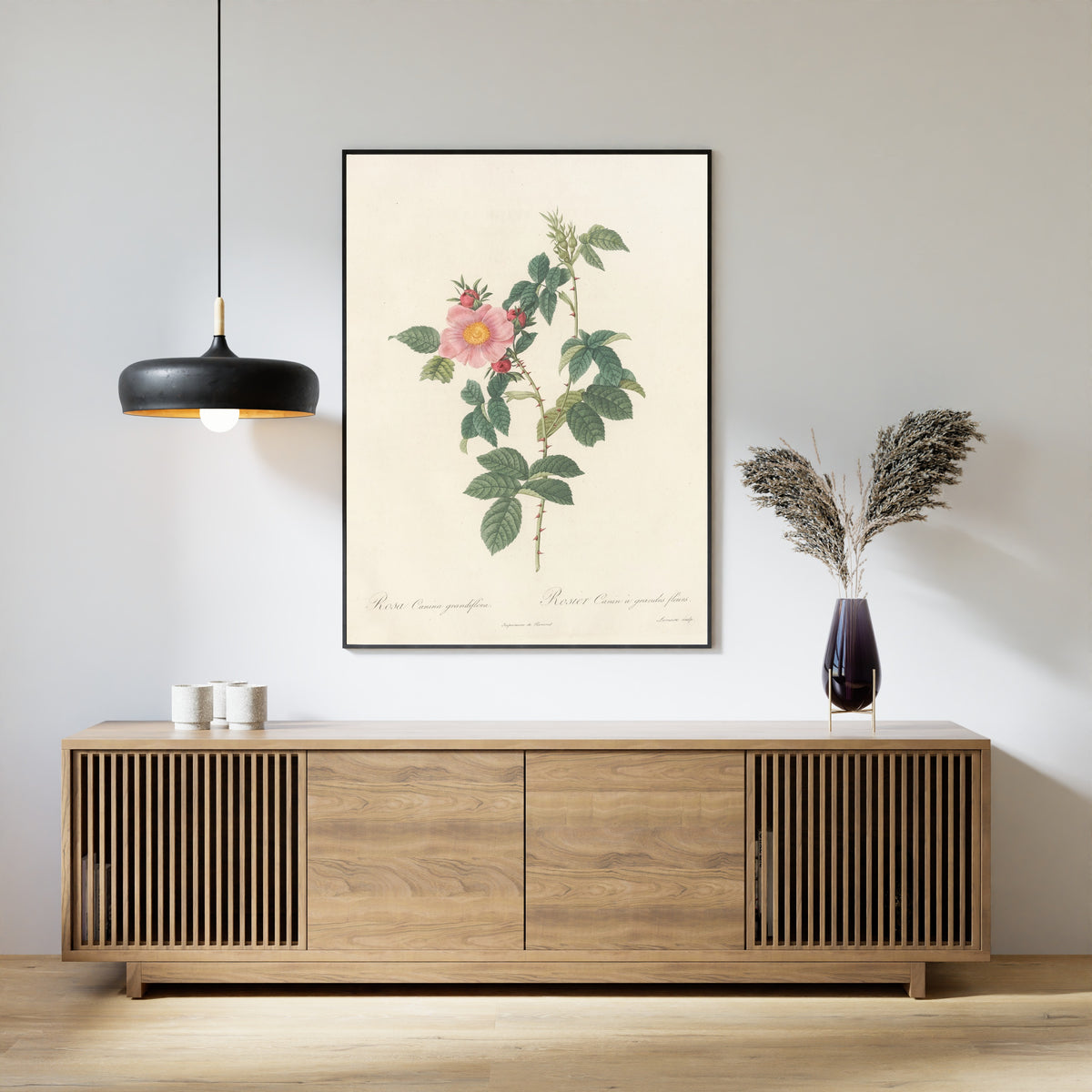 Framed art print of Les Roses: Rosa Canina Grandiflora by Pierre-Joseph Redouté, above a slatted wood sideboard