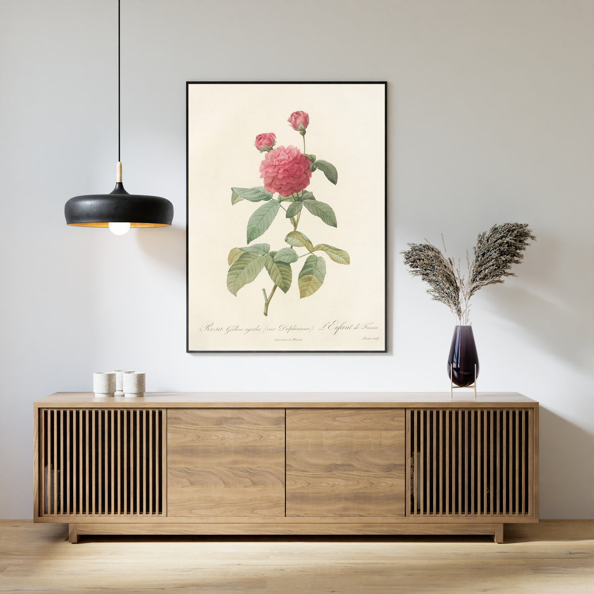 Framed art print of Les Roses: Rosa Gallica Agatha (Var. Delphiniana) by Pierre-Joseph Redouté, above a slatted wood sideboard
