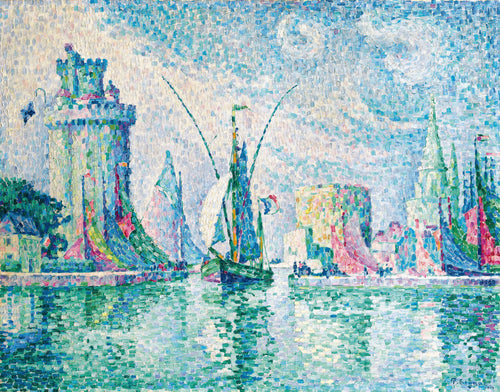 Les Tours Vertes, La Rochelle by Paul Signac — Furled sails and a crenellated tower mirrored in green water