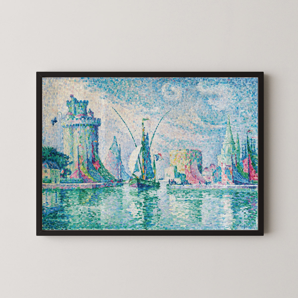 Framed art print of Les Tours Vertes, La Rochelle by Paul Signac, in a black frame on a pale wall