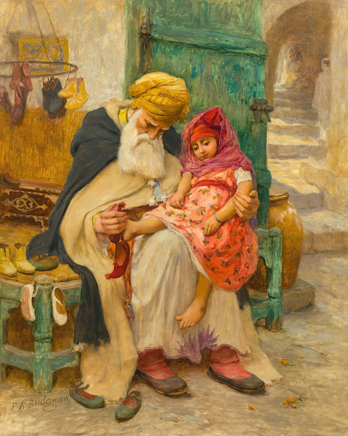 Les babouches by Frederick Arthur Bridgman — A white-bearded shoemaker fits a red slipper on a little girl's foot