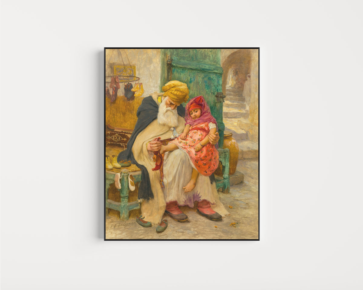Framed art print of Les babouches by Frederick Arthur Bridgman, in a slim black frame on a plain white wall