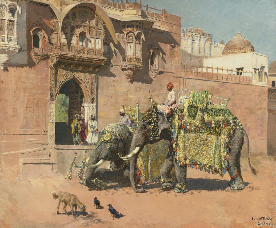 Edwin Lord Weeks — Les éléphants du Rajah de Jodhpore | Art Print shown to scale on a wall above a sofa