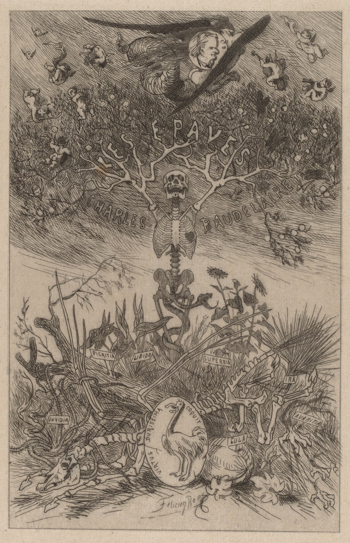 Les Épaves: Frontispiece by Félicien Rops — A skeleton tree spells out the title above a tangle of vices