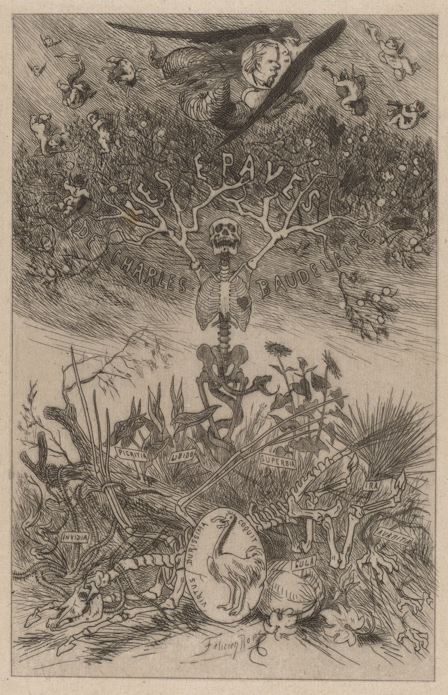 Félicien Rops — Les Épaves: Frontispiece | Etching Print shown to scale on a wall above a sofa