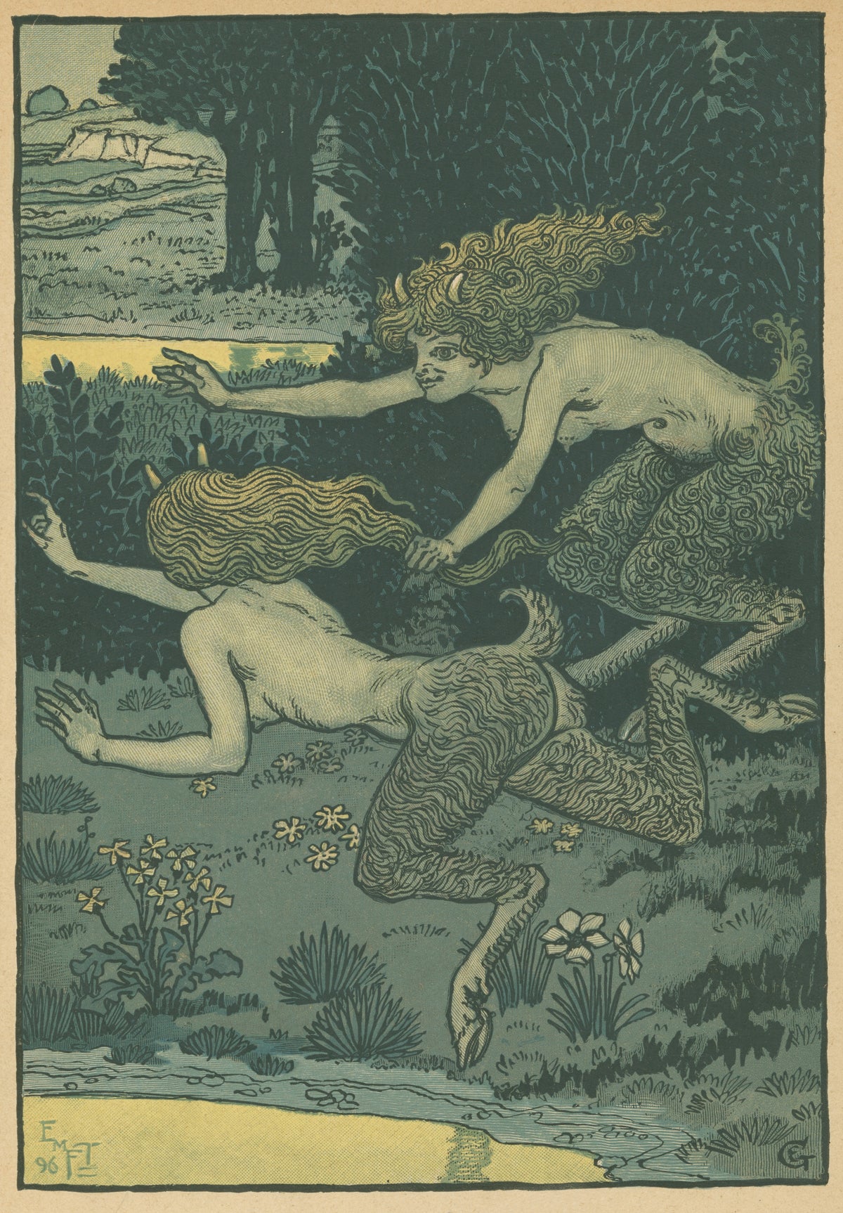 Les petites faunesses by Eugène Grasset — Two horned faunesses chase each other across a meadow