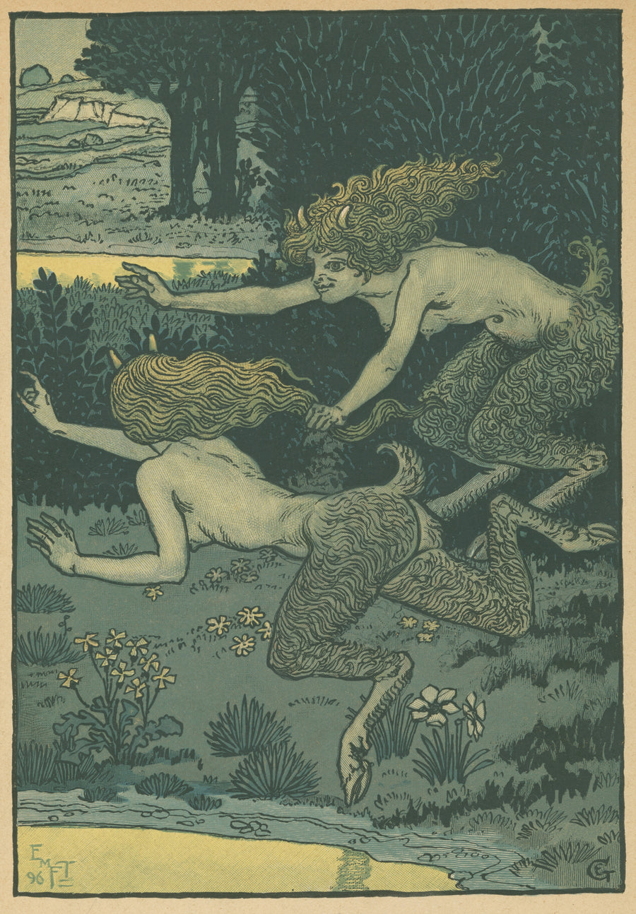 Eugène Grasset — Les petites faunesses | Art Nouveau Print shown to scale on a wall above a sofa