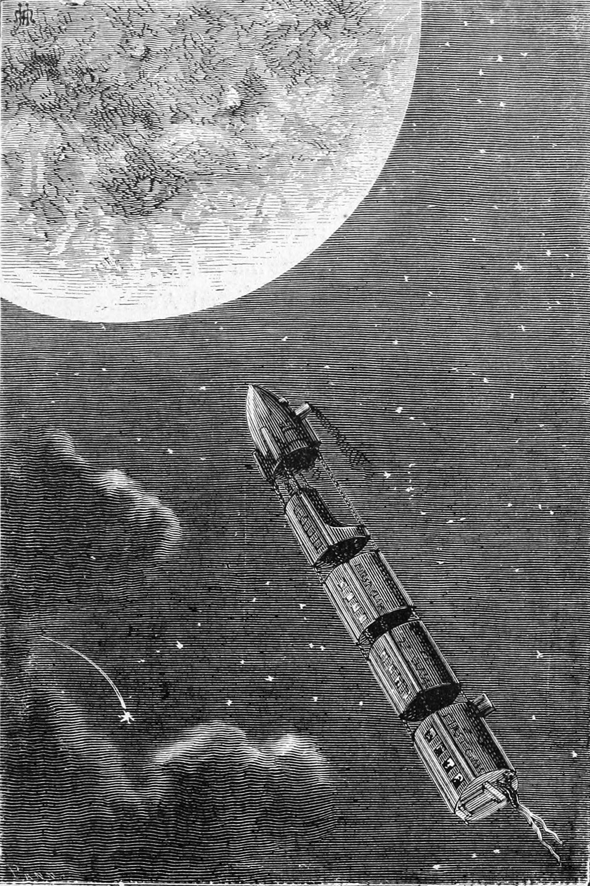 Les trains de projectiles pour la Lune (The projectile trains for the Moon) by Henri de Montaut — A train of first-class carriages flies through the stars to