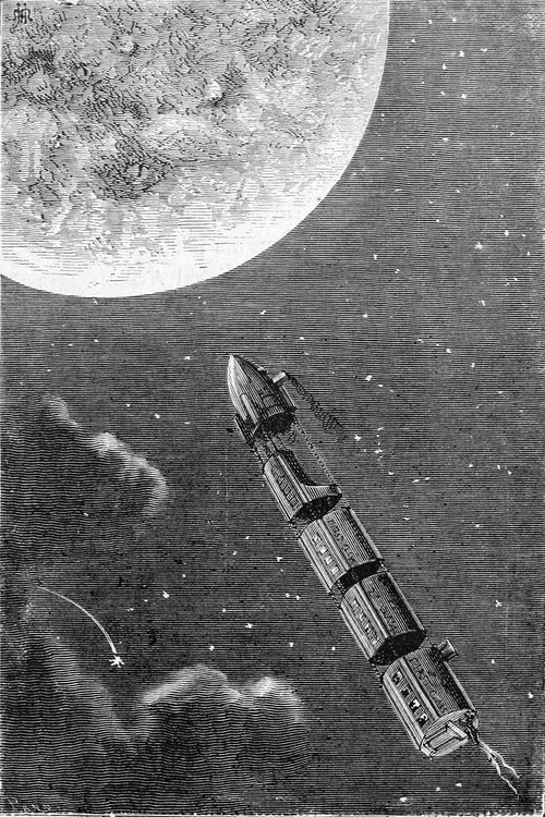 Les trains de projectiles pour la Lune (The projectile trains for the Moon) by Henri de Montaut — A train of first-class carriages flies through the stars to