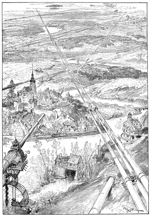 Les tubes (vue prise en aéronef à 700 mètres) by Albert Robida — Giant transport tubes stride on pylons across a river valley