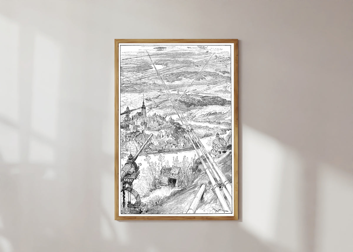 Framed art print of Les tubes (vue prise en aéronef à 700 mètres) by Albert Robida, in a light wood frame on a sunlit white wall