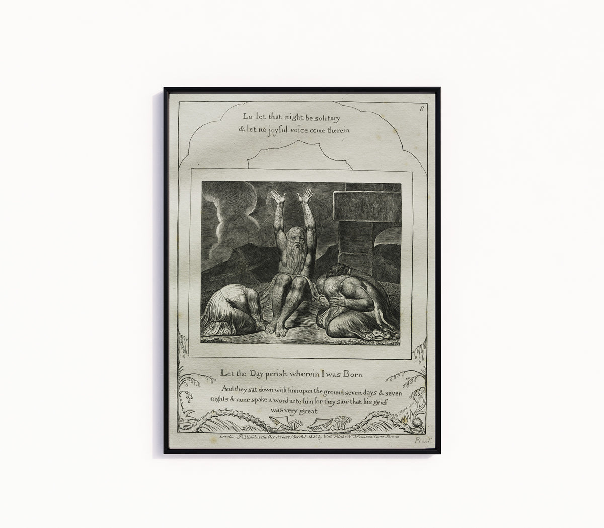 Framed art print of Let the Day Perish Wherein I Was Born (Book of Job, Plate 8) by William Blake, in a slim black frame on a plain white wall