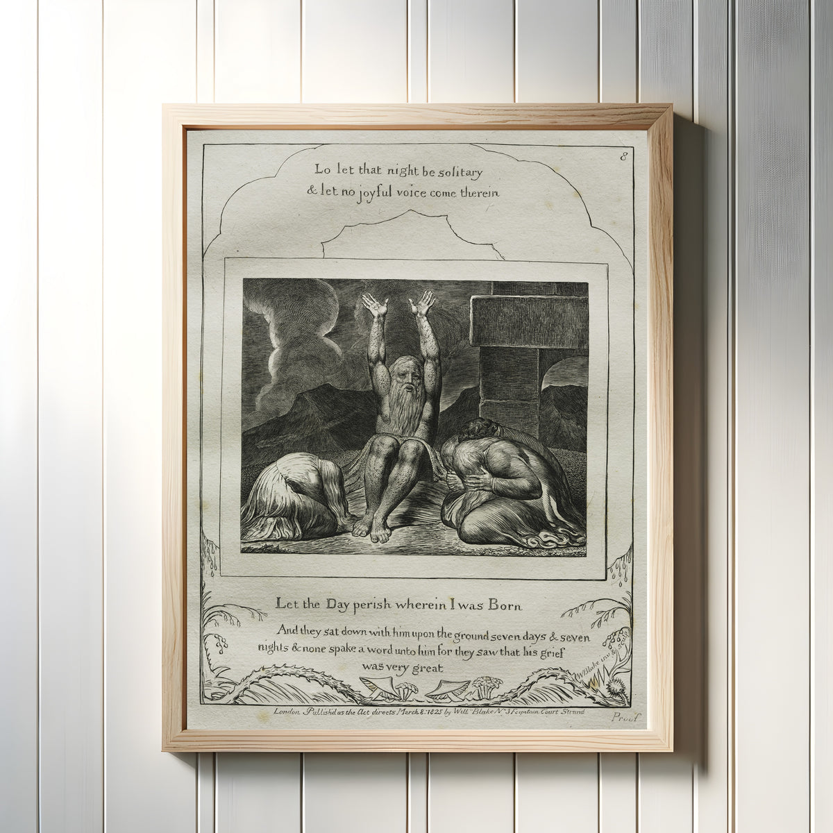 Framed art print of Let the Day Perish Wherein I Was Born (Book of Job, Plate 8) by William Blake, in a light wood frame on a white panelled wall