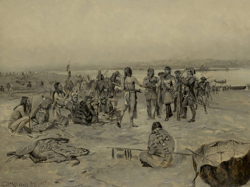 Lewis and Clark Meeting the Mandans by Charles M. Russell — Lewis and Clark's party meets a Mandan council on the riverbank