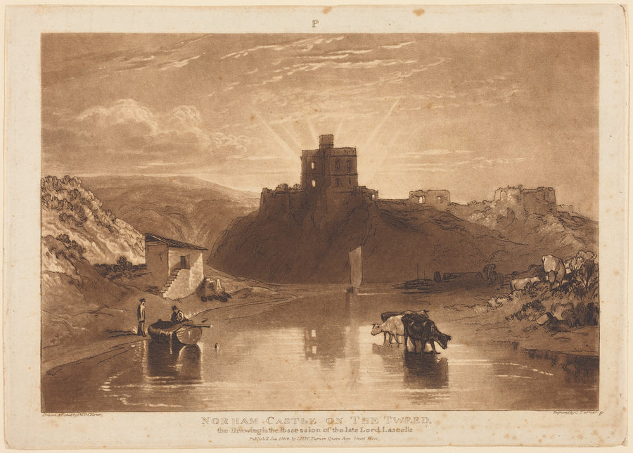 J.M.W. Turner — Liber Studiorum: Norham Castle on the Tweed | Mezzotint Print shown to scale on a wall above a sofa