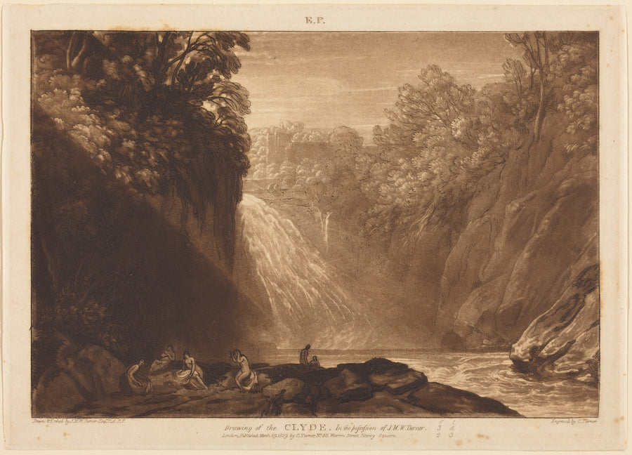 J.M.W. Turner — Liber Studiorum: The Fall of the Clyde | Mezzotint Print shown to scale on a wall above a sofa