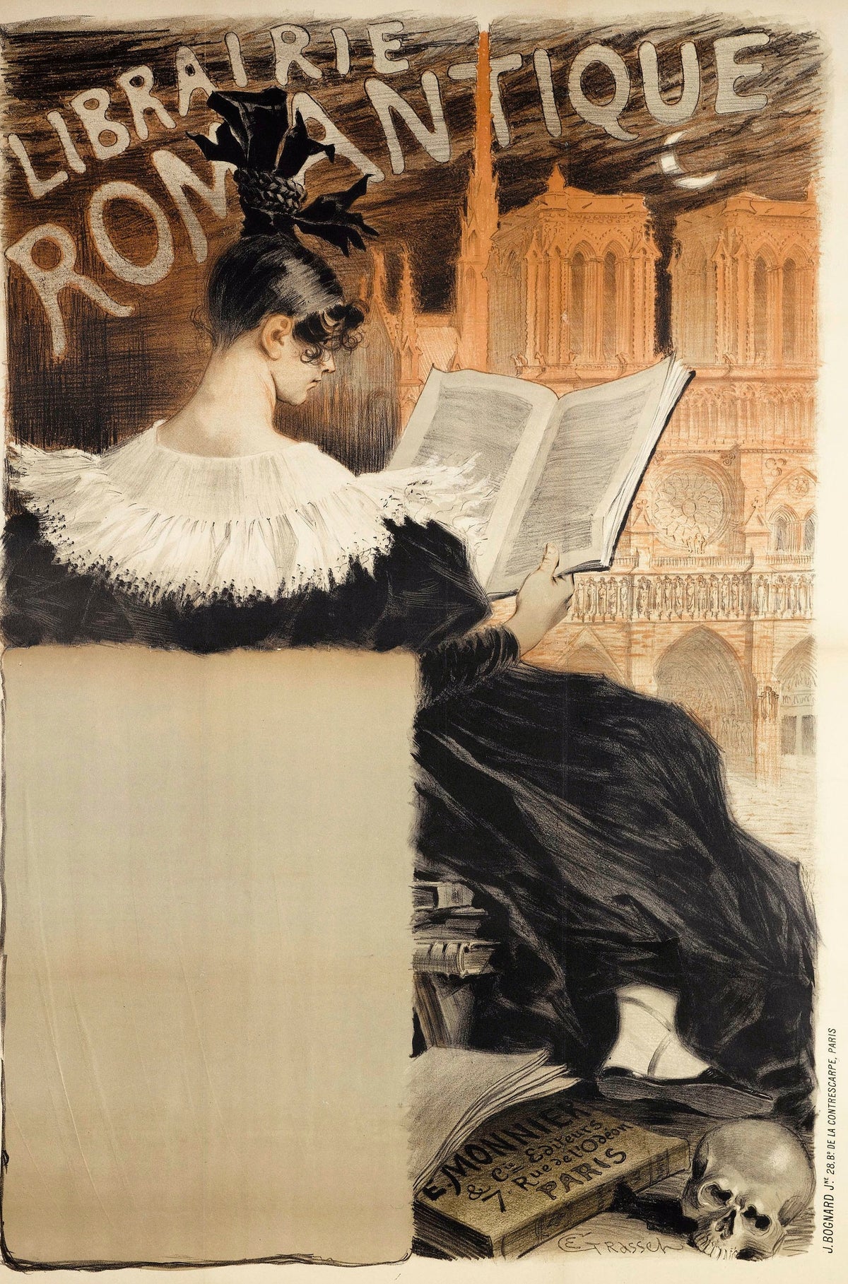 Librairie Romantique by Eugène Grasset — A woman in a white ruff reads before Notre-Dame under a crescent moon