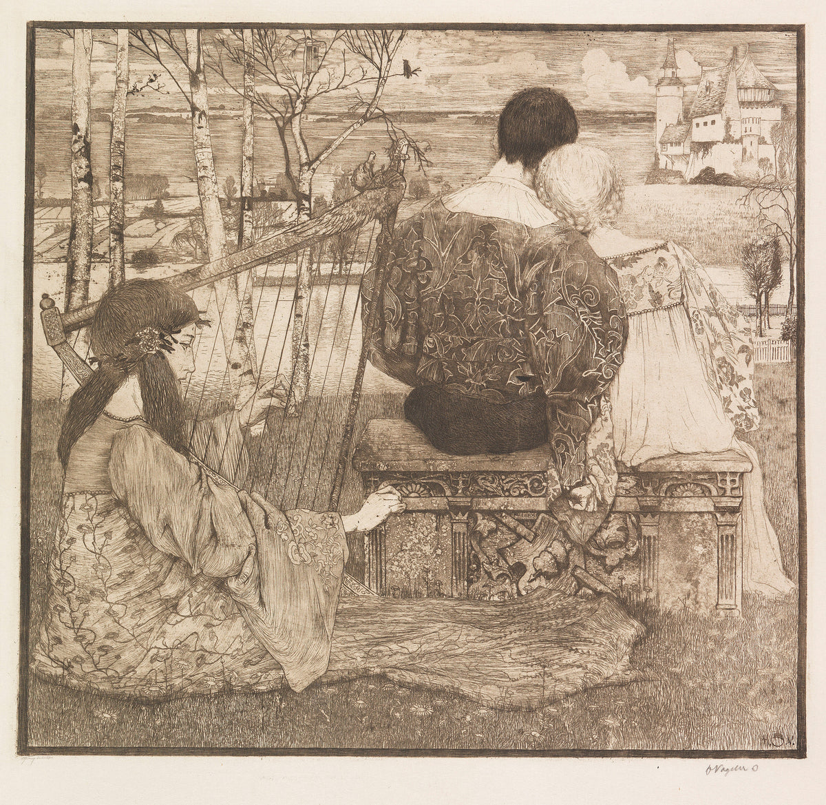 Liebe by Heinrich Vogeler — Two lovers face a castle while a harpist plays beside them