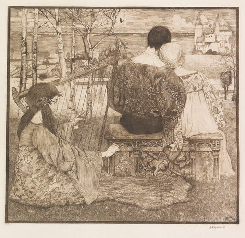 Liebe by Heinrich Vogeler — Two lovers face a castle while a harpist plays beside them