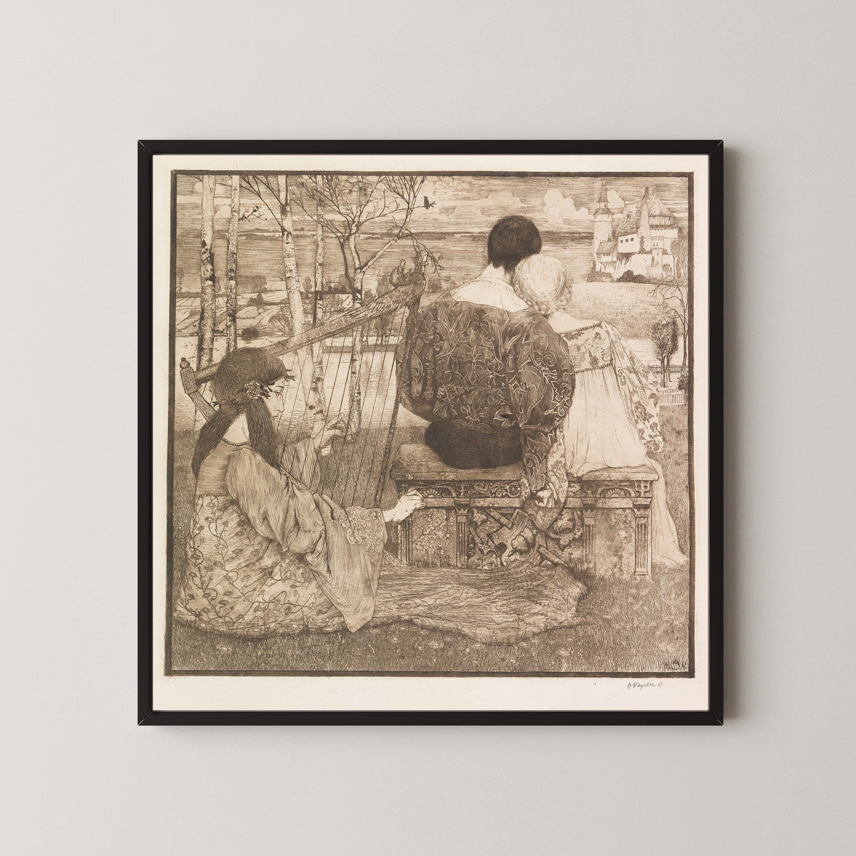 Framed art print of Liebe by Heinrich Vogeler, in a black frame on a pale wall