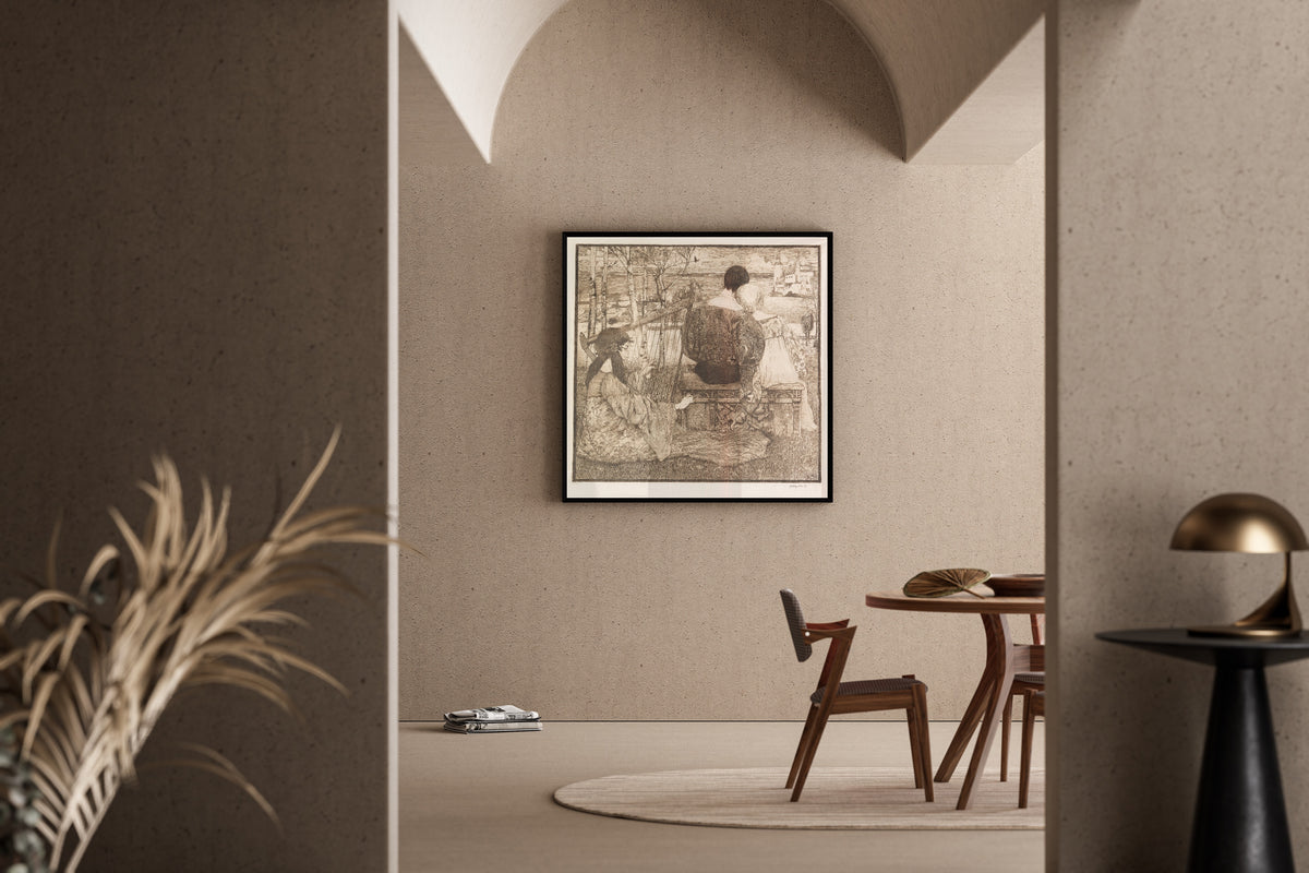 Framed art print of Liebe by Heinrich Vogeler, in a sunlit dining corner