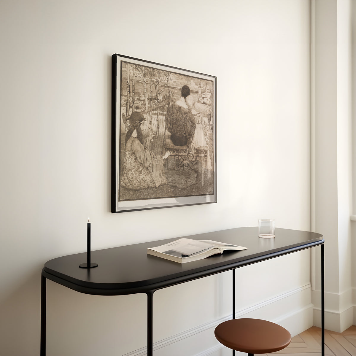 Framed art print of Liebe by Heinrich Vogeler, above a slim black console table