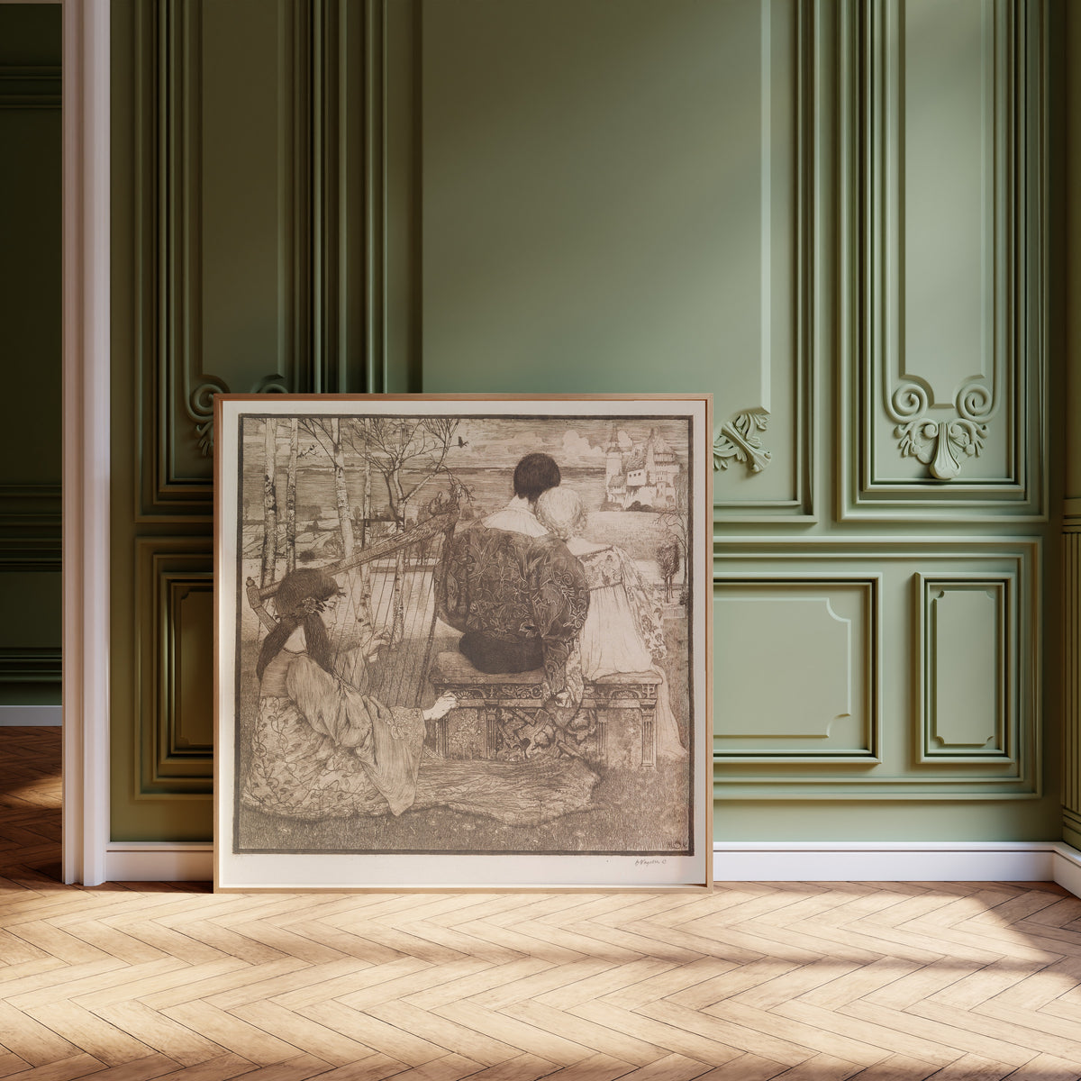 Framed art print of Liebe by Heinrich Vogeler, leaning against olive-green panelling on a herringbone floor