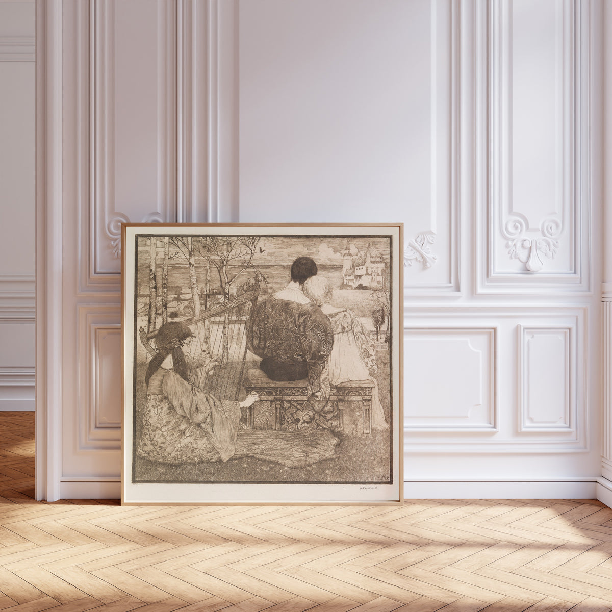Framed art print of Liebe by Heinrich Vogeler, leaning against pale pink panelling on a herringbone floor