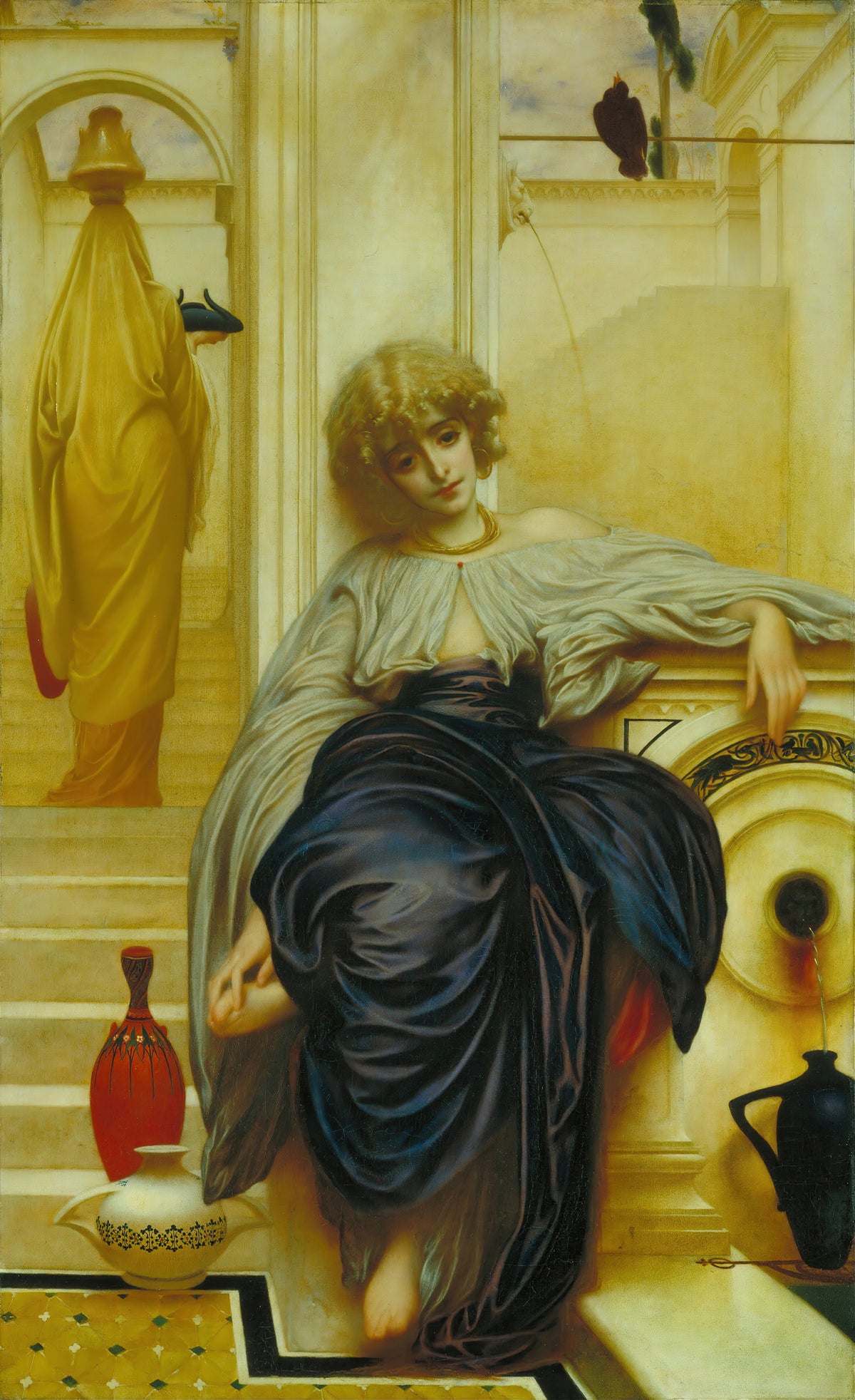 Lieder ohne Worte by Frederic Leighton — A girl in deep blue rests by a marble fountain, listening