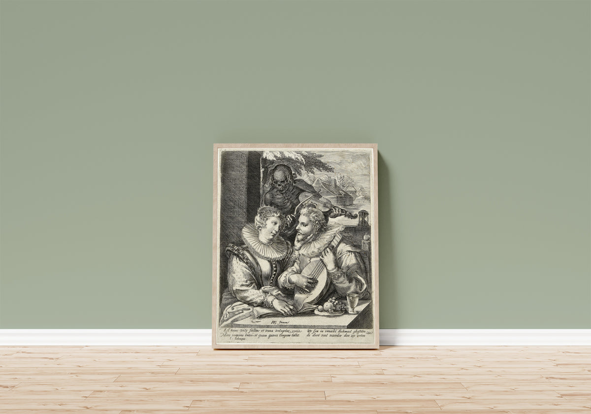 Framed art print of Liefdespaar en de Dood by Unknown artist, in a light wood frame leaning on a sage green wall above a wooden floor