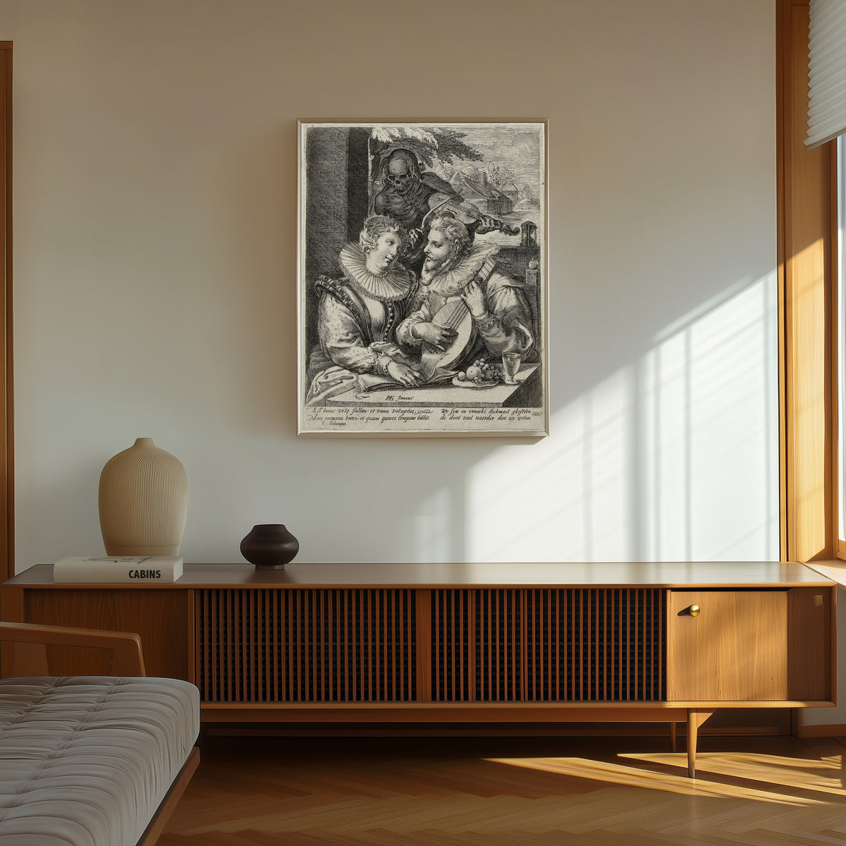 Framed art print of Liefdespaar en de Dood by Unknown artist, in a thin light frame on a sunlit wall above a wooden sideboard