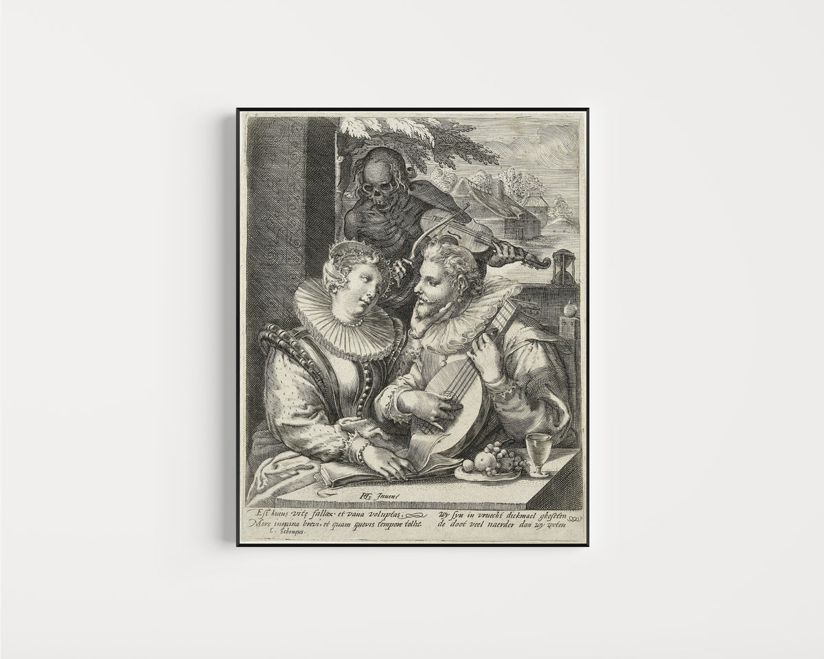 Framed art print of Liefdespaar en de Dood by Unknown artist, in a slim black frame on a plain white wall