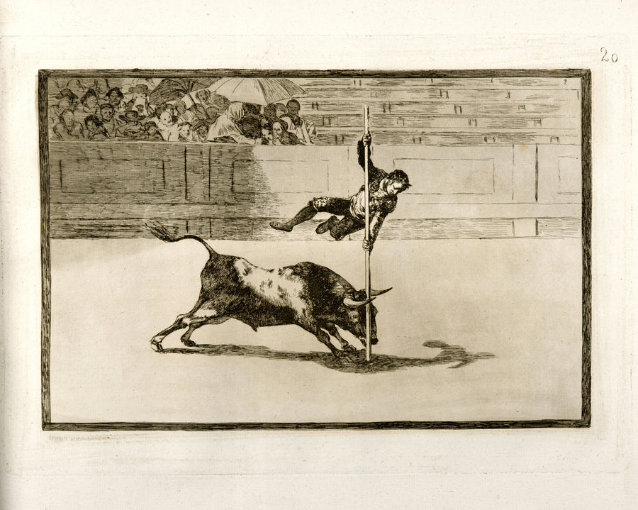 Francisco de Goya — Ligereza y atrevimiento de Juanito Apiñani en la de Madrid (The Agility and Audacity of Juanito Apiñani in the Ring at Madrid), La Tauromaquia, Plate 20 | Etching Print shown to scale on a wall above a sofa