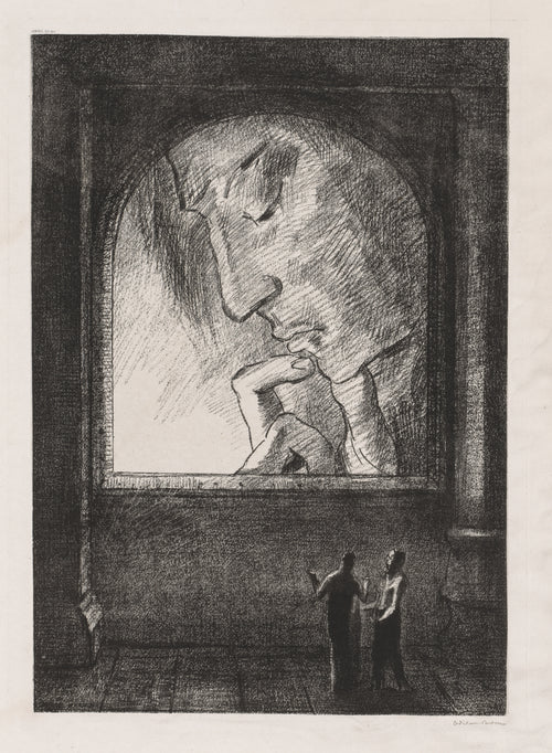 Light by Odilon Redon — Two small figures stand below a vast luminous face in a window