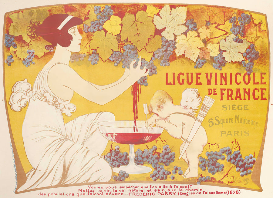 Manuel Orazi — Ligue Vinicole de France | Vintage Poster Print shown to scale on a wall above a sofa