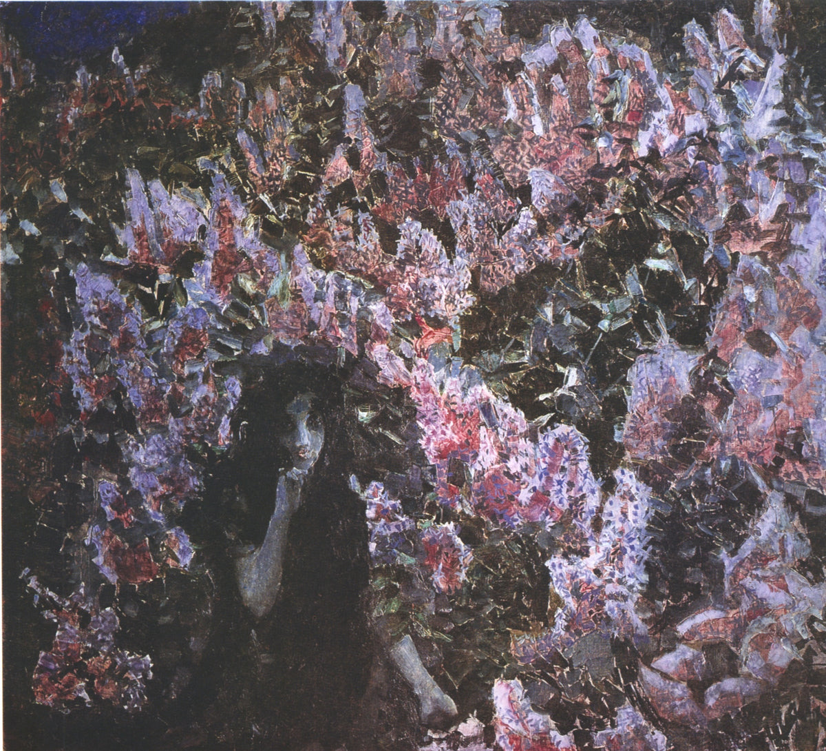 Lilacs by Mikhail Vrubel — A pale girl emerges from a dark wall of lilac blossom