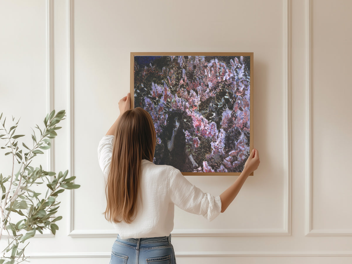 Framed art print of Lilacs by Mikhail Vrubel, hung on a panelled wall