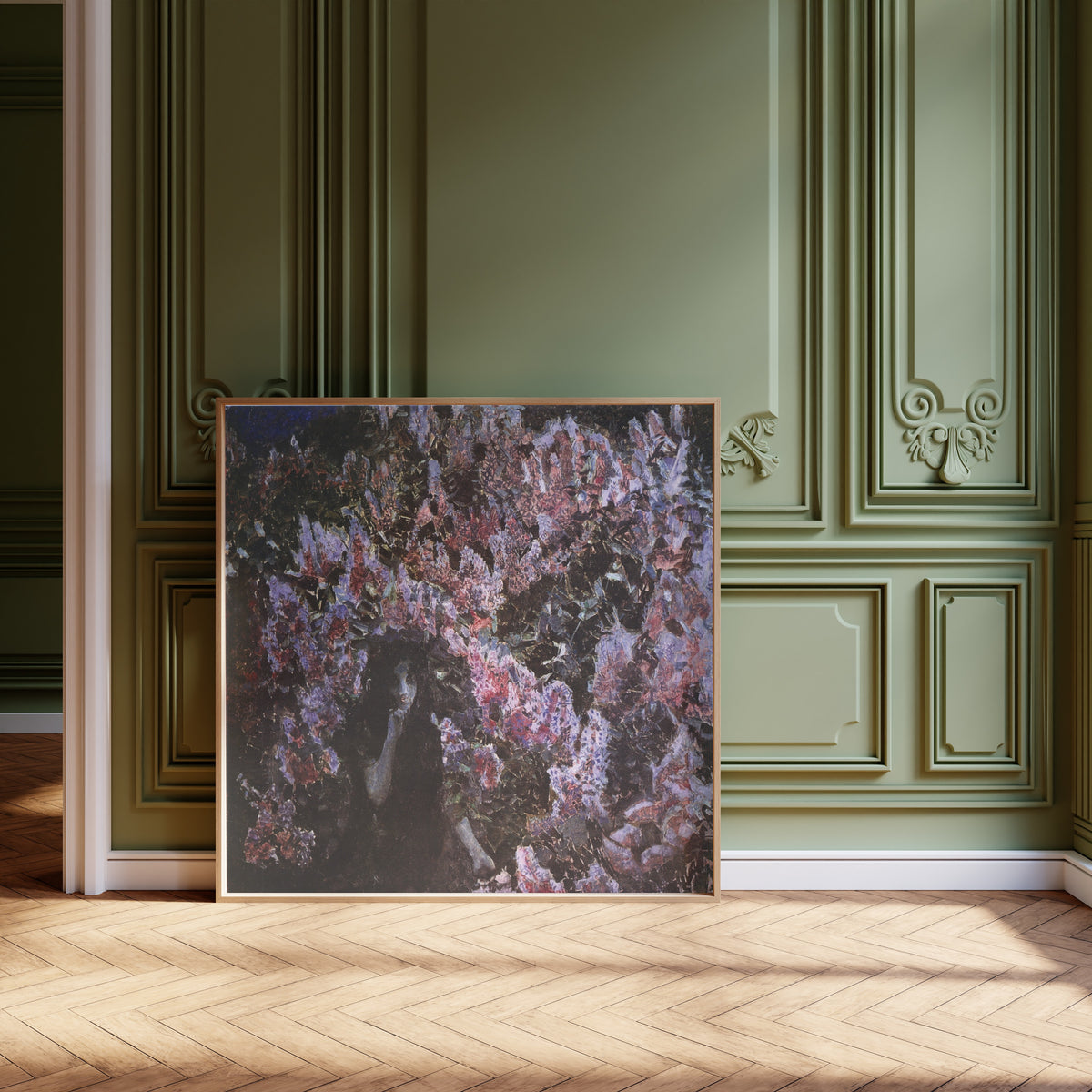 Framed art print of Lilacs by Mikhail Vrubel, leaning against olive-green panelling on a herringbone floor
