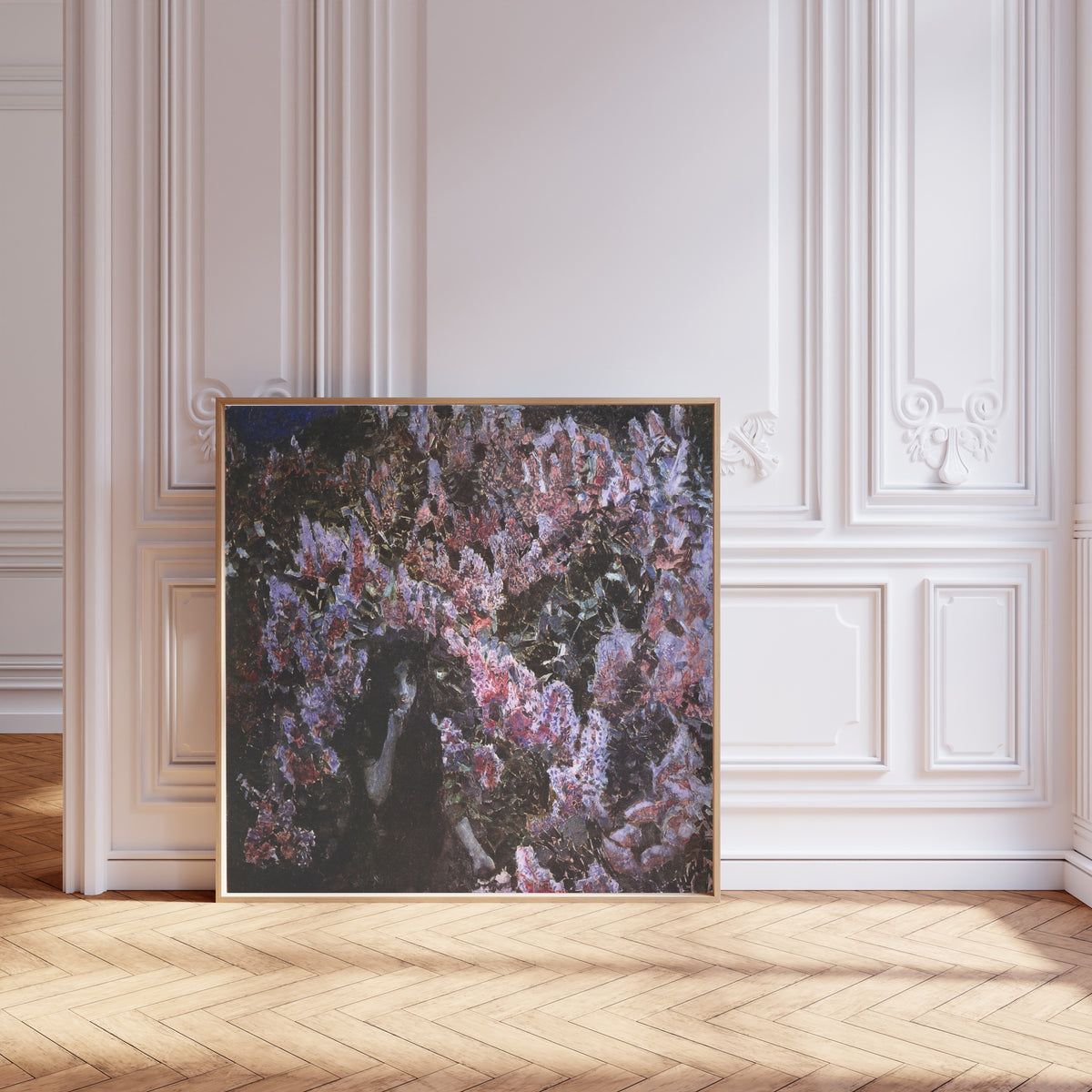 Framed art print of Lilacs by Mikhail Vrubel, leaning against pale pink panelling on a herringbone floor