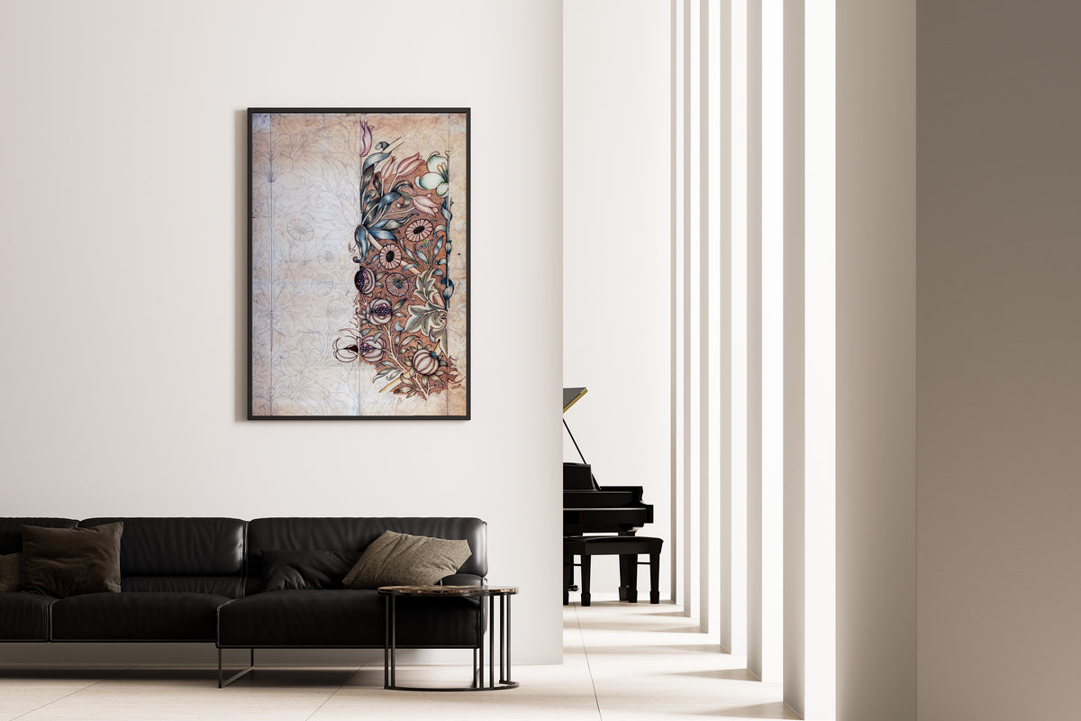 Framed art print of Lily and Pomegranate (Design Drawing) by William Morris, on the wall of a minimal living room