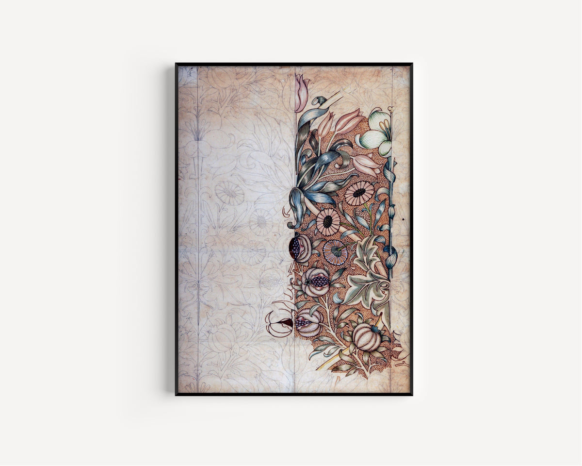 Framed art print of Lily and Pomegranate (Design Drawing) by William Morris, in a slim black frame on a plain white wall