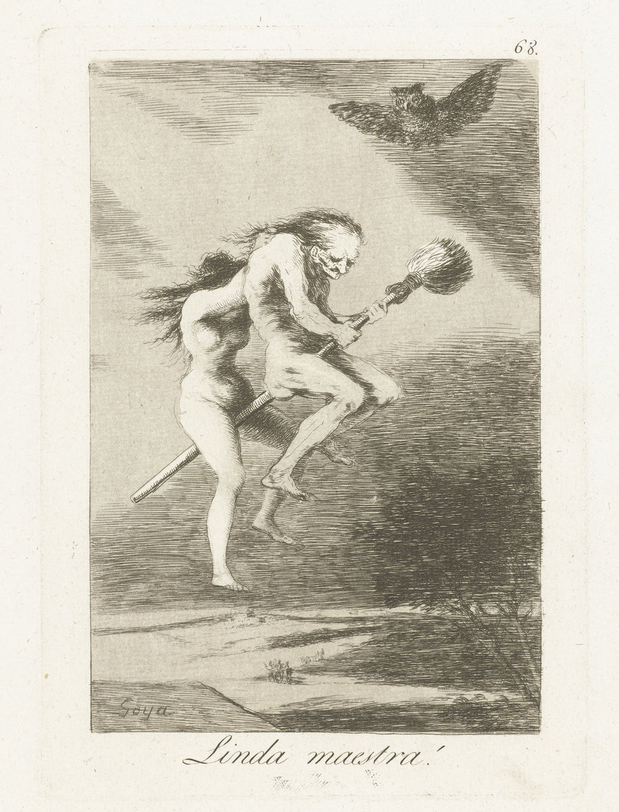 Francisco de Goya — Linda maestra! (A Fine Teacher), Los Caprichos, Plate 68 | Etching Print shown to scale on a wall above a sofa