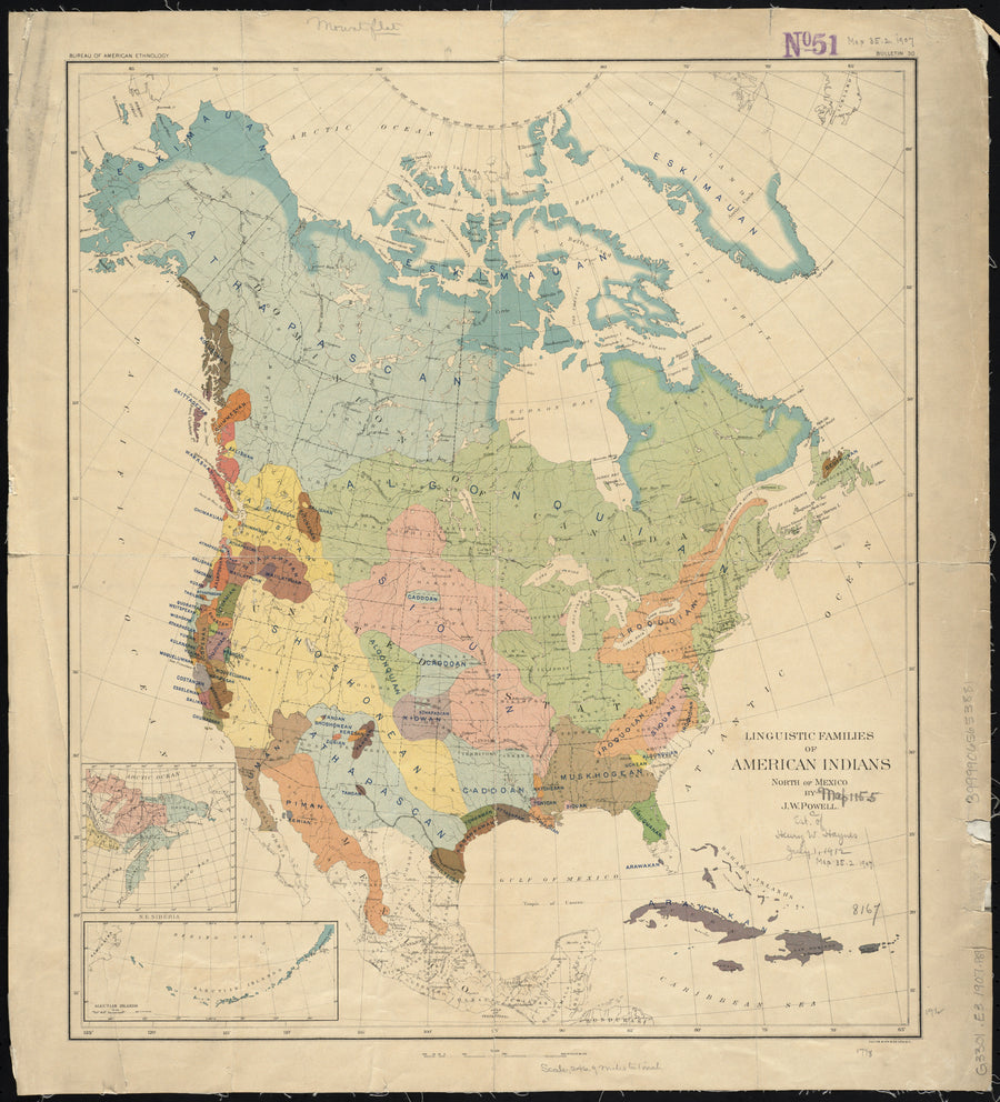 John Wesley Powell — Linguistic Families of American Indians North of Mexico | Vintage Ethnographic Map Print shown to scale on a wall above a sofa
