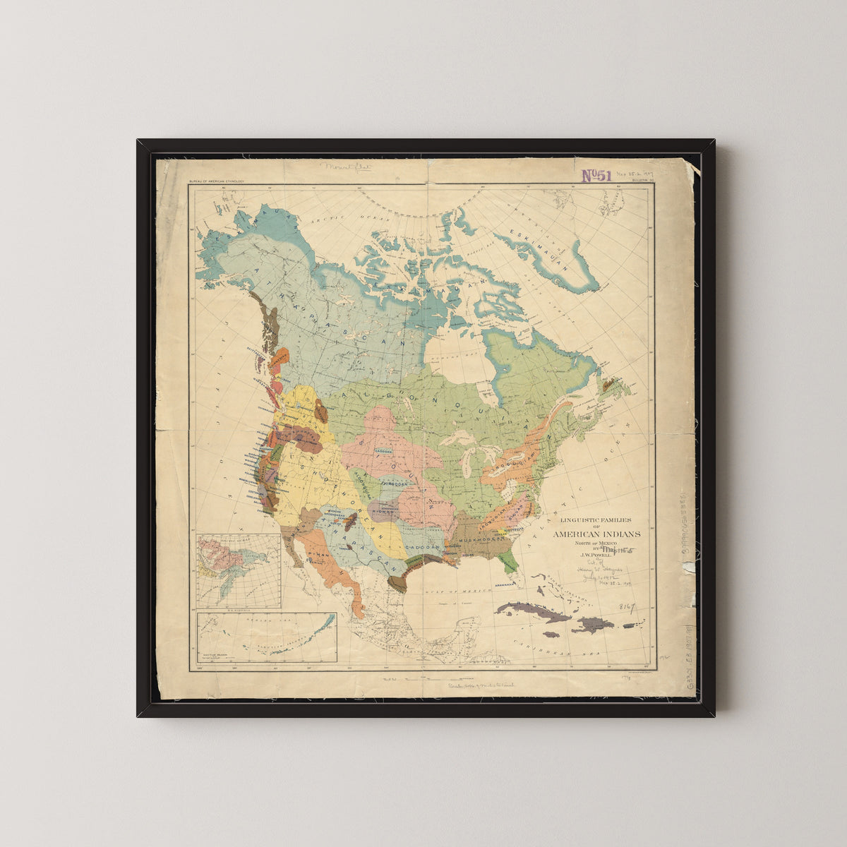 John Wesley Powell — Linguistic Families of American Indians North of Mexico | Vintage Ethnographic Map Print